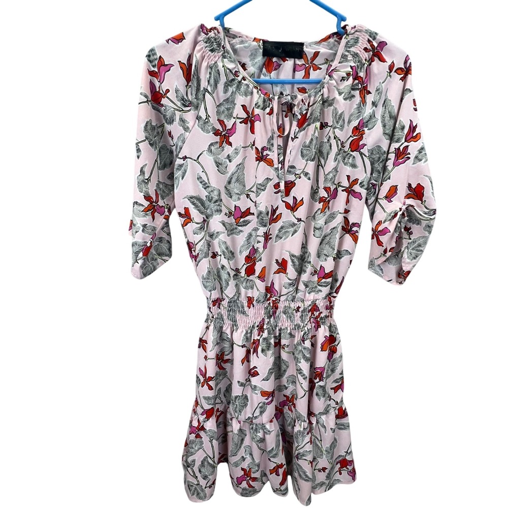 As U Wish Pink Floral Smockedโ Waist Tiered Ruffle Mini Dress 3/4 Sleeve Small